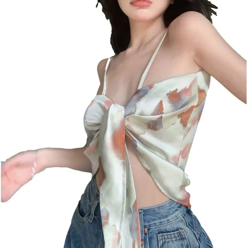 Women's Sexy Tank Top Sweet and Spicy Girl Triangle Scarf Tie Dye Small Camisole Vest Women's Seaside French Design Short Top