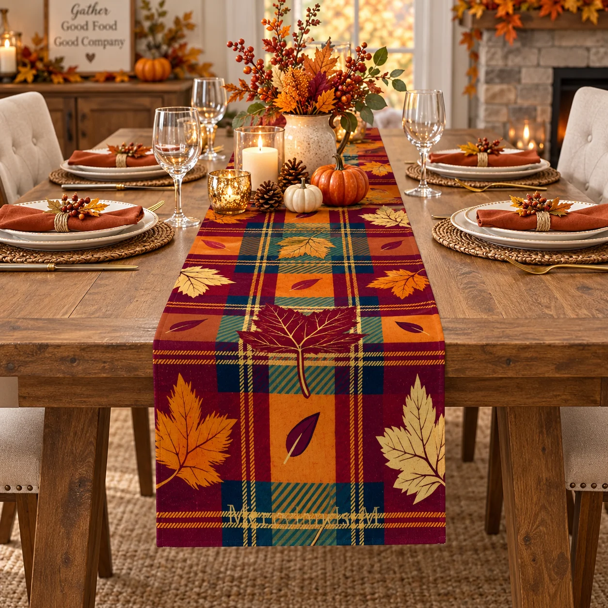 Fall Thanksgiving Table Runner Plaid Maple Leaf Print, Autumn Harvest Table Decor, Seasonal Dining Table Decoration for Thanksgi