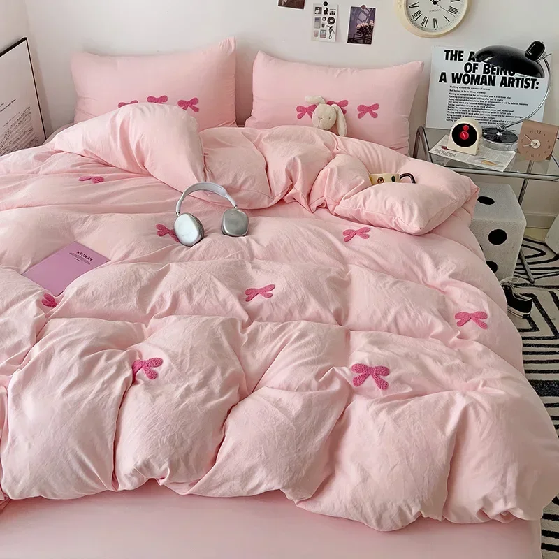 Cute Pink Bows Duvet Cover Set, 3D Embroidery Bedding Sets Pink Bed Set, Comfy Queen Comforter Covers Soft for Girls Kids Teens