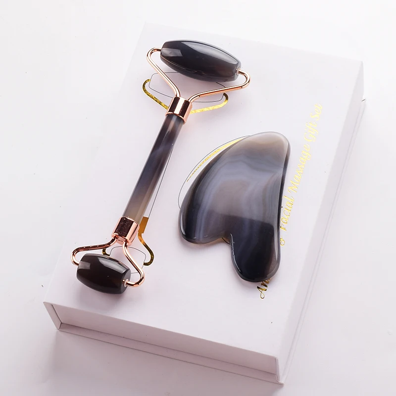 สีเทา Agate Jade Roller เครื่องนวด Gouache Scraper สําหรับใบหน้าเครื่องมือดูแลผิวหน้าธรรมชาติ Body Back Beauty Lifting เครื่องนวด Rolle