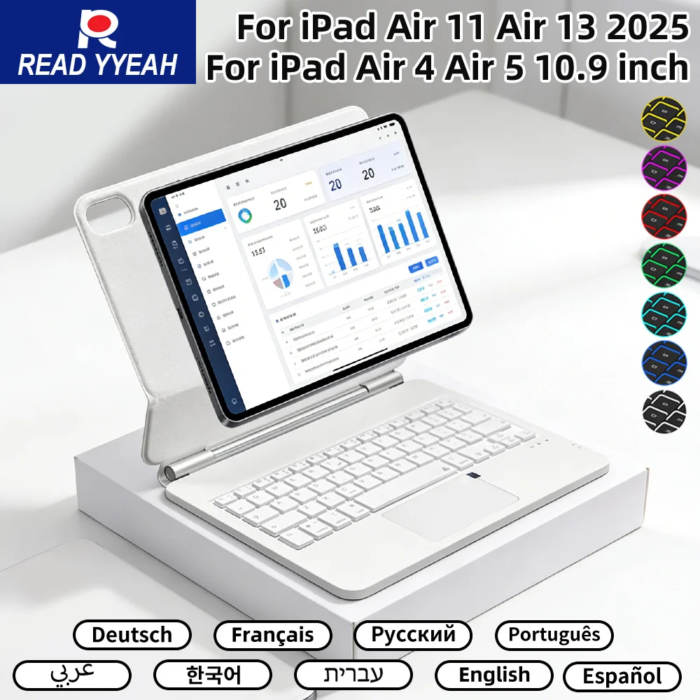 

Волшебный беспроводной Bluetooth-чехол-клавиатура для iPad Pro 11 дюймов, 12.9 дюймов M2, 13 дюймов M4, Air 4-го и 5-го поколений, iPad 10/11 поколений, умный магнитный чехол-книжка