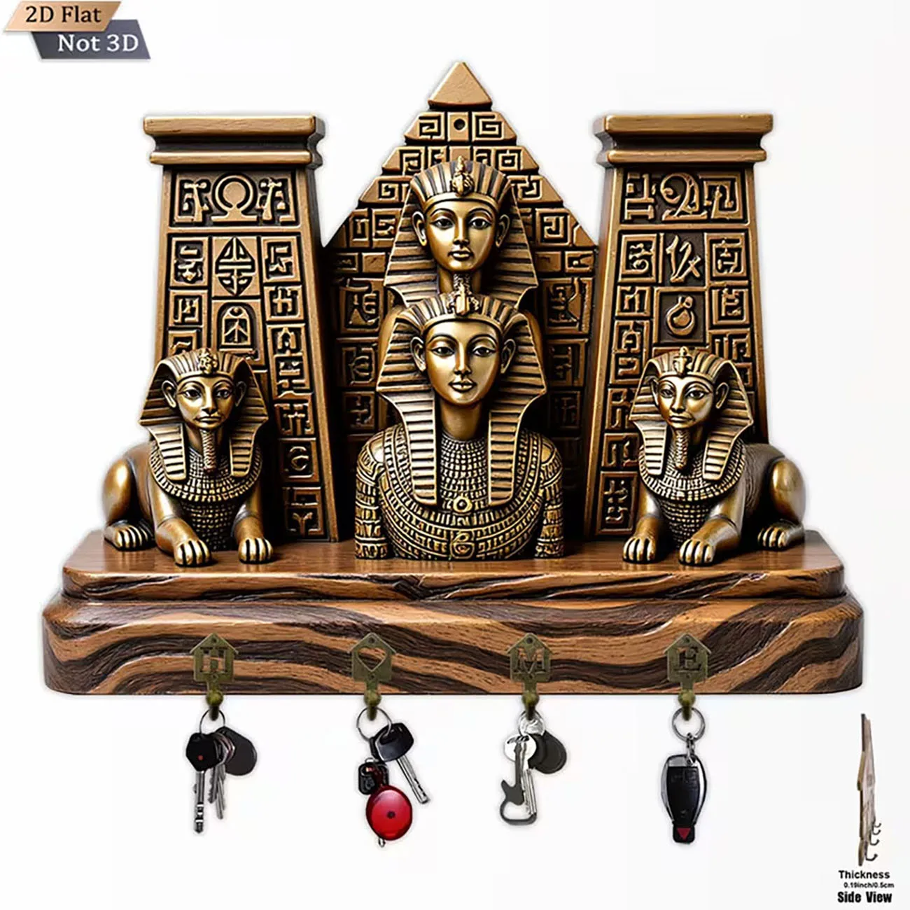 2D flat key holder with Egyptian pharaoh and sphinx print, four hooks, ancient Egypt myth style wall decor.