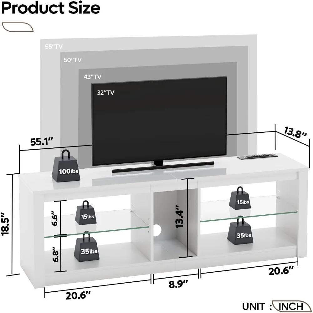 حامل تلفزيون LED مناسب لأجهزة التلفاز مقاس 55/60/65 بوصة، ومركز ترفيه أبيض عالي اللمعان، مع مقبس طاقة ورف قابل للتعديل