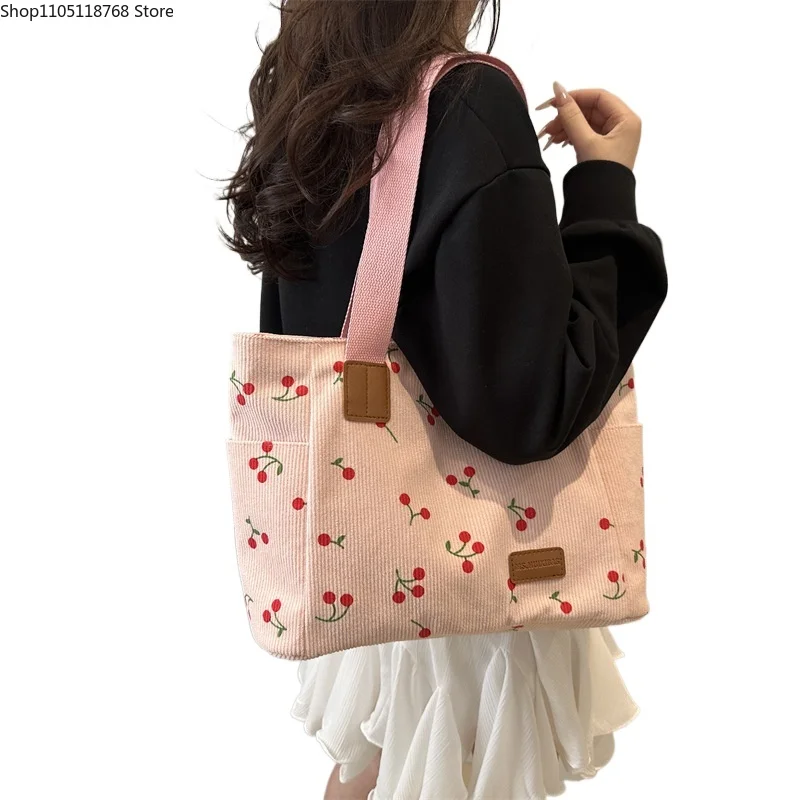 

Простая женская вельветовая портативная сумка на плечо с вишневым принтом, женские повседневные сумки-тоут, милые женские сумки для покупок