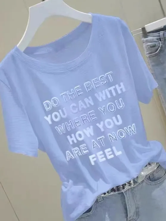 Loose Fit Bamboo Cotton ort Sve T-irt Women's Summer Slimming Top Outlet Brand European Sle Printed Commute Sle