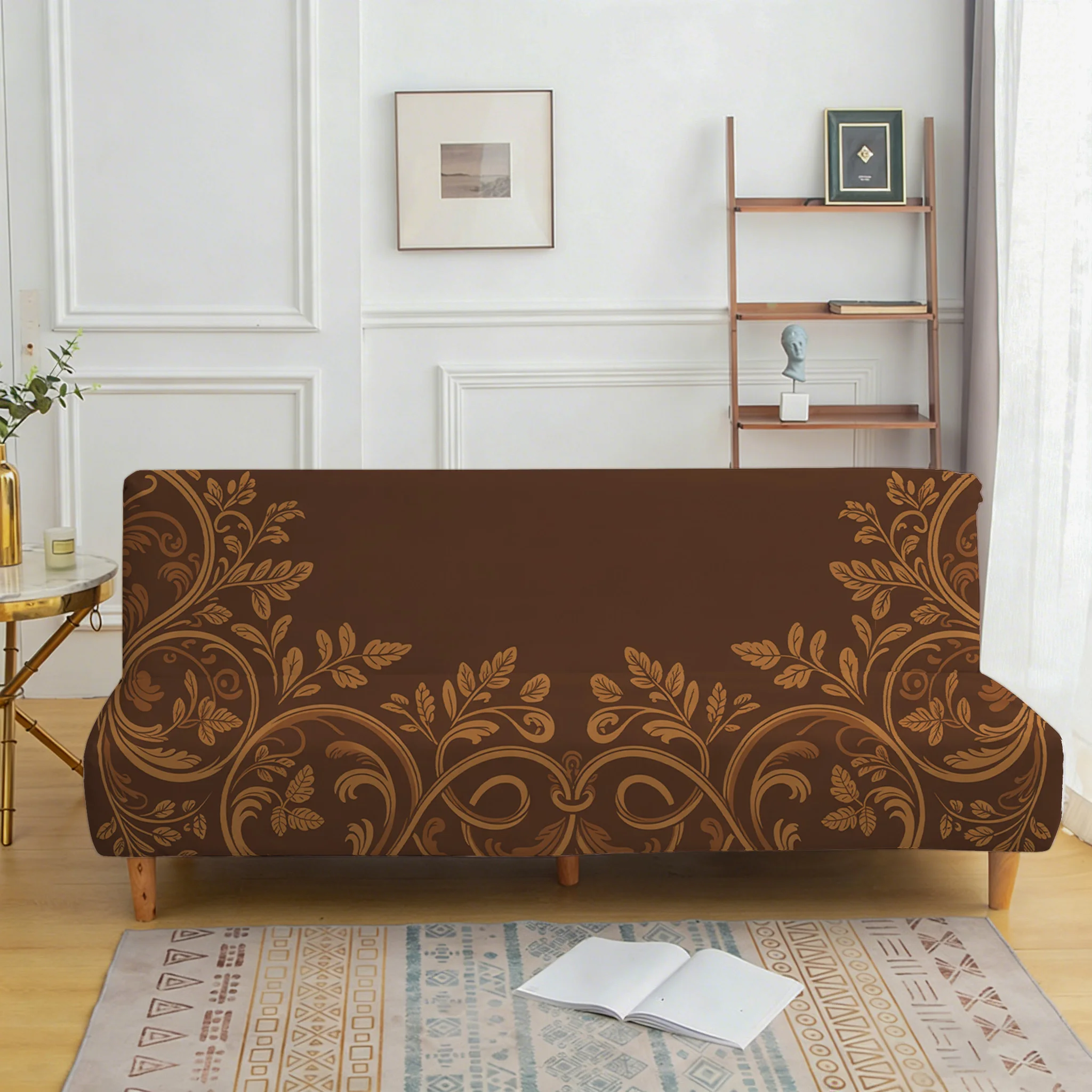 All-inclusive elastic sofa bedspread, vintage brown gold curly grass pattern sofa bedspread, easy to install, machine washable