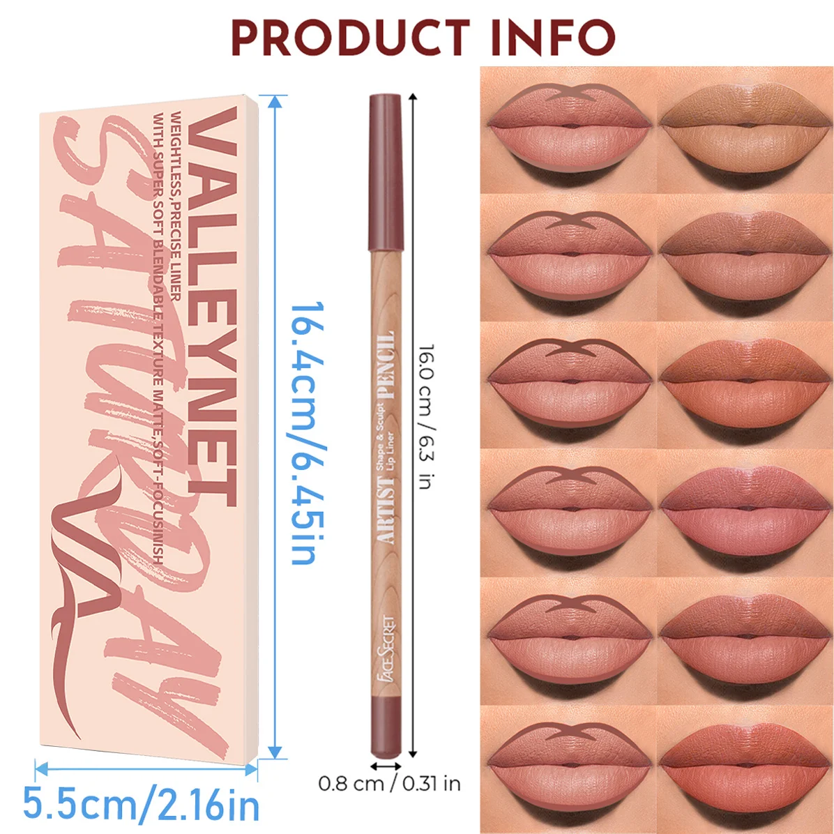 Set di 6 matite per labbra in legno ultra fine da 6 pezzi/set - Vellutate, setose, impermeabili, opache, a lunga durata, 18 colori naturali per labbra.