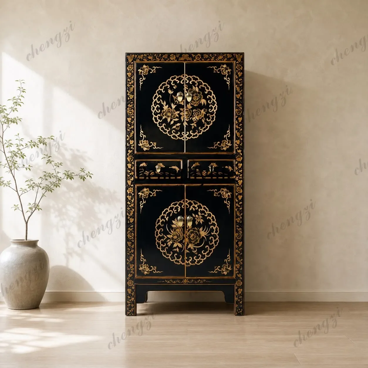 H134 Chinese classical tenon and mortise solid wood gold-painted bookcase, horizontal opposite door clothing, storage wardrobe