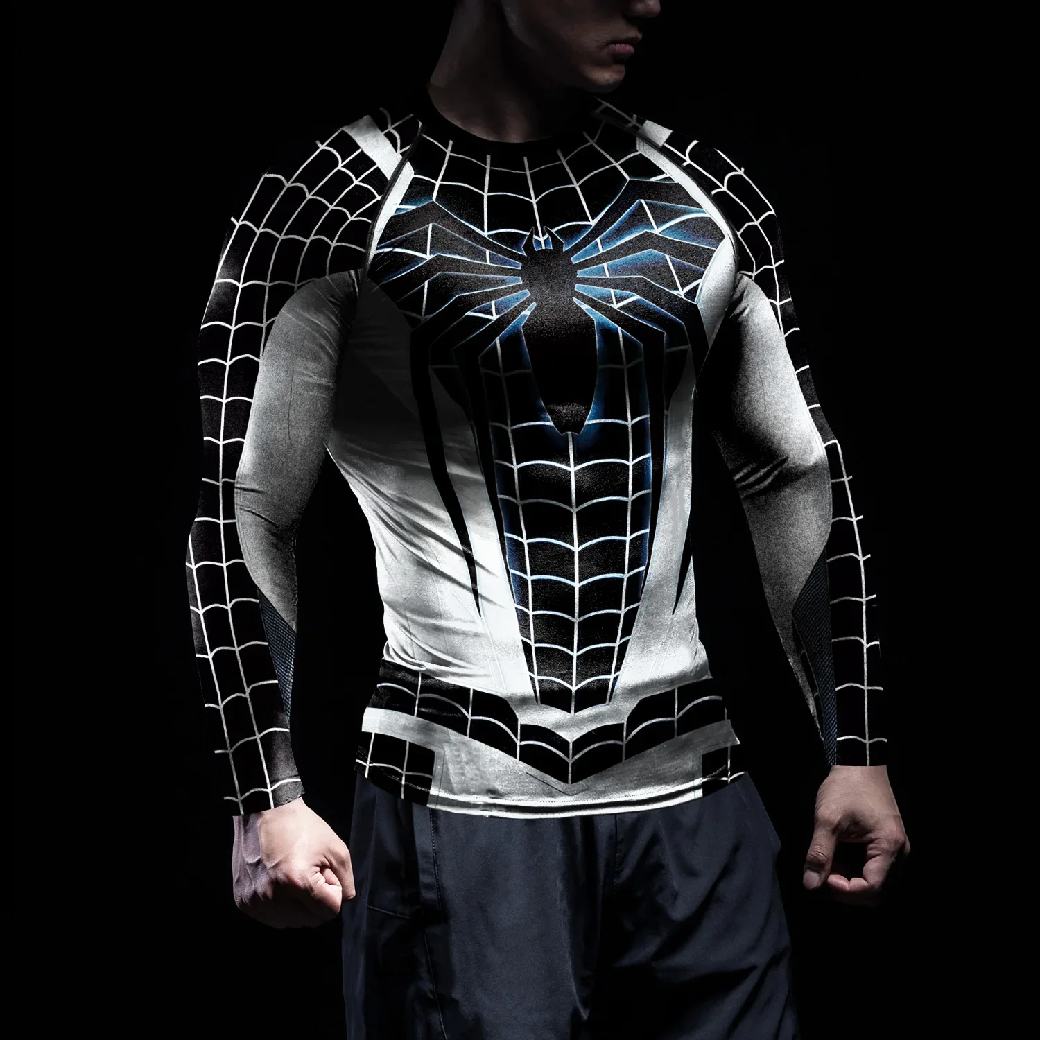 [Du bist mein Geheimnis] Herren-Kompressions-Sportbekleidungsanzug, Fitnessstudio, eng, Sport, Cosplay, Superheld, Spinnenmuster, Halloween-Kostüm, Party-Oberteil