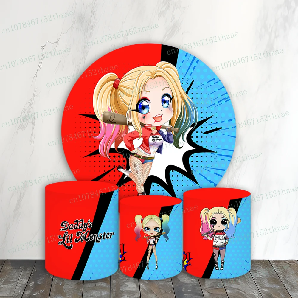 

Harley Quinn Birthday Party Photo Backdrop Baby Shower Photo Background Round&Cylinders Plinth Covers Decoration