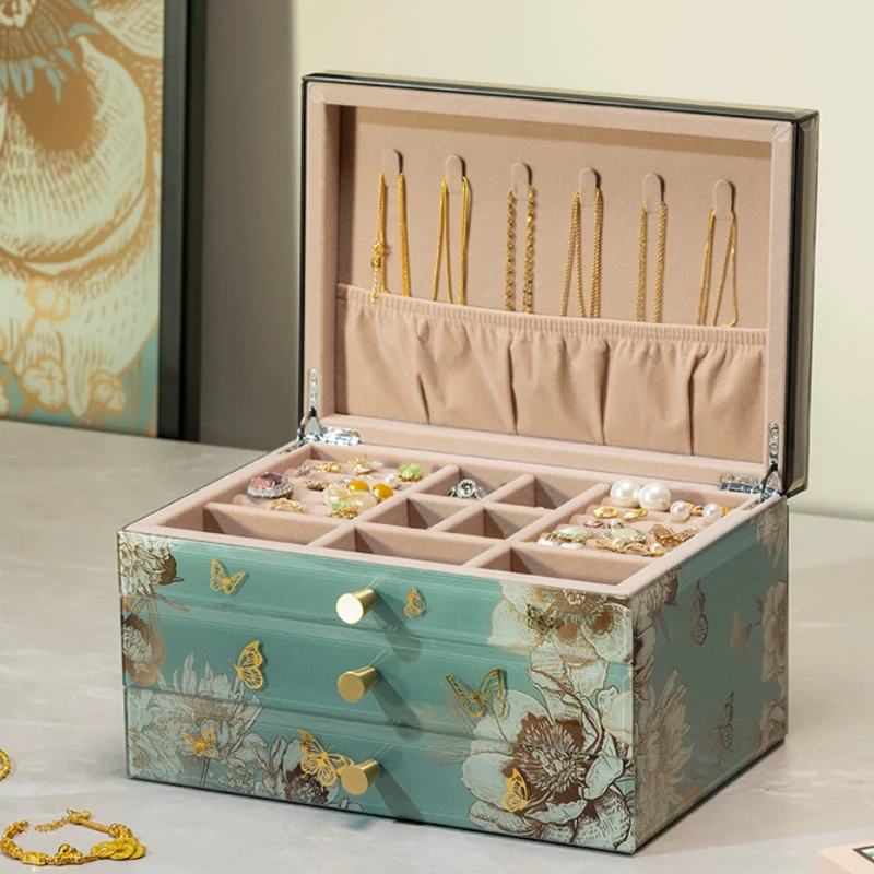 Luxury Floral Bird Temper Glass Jewelry Organizer 3-Tier Storage Box Accessories Collection Display Case