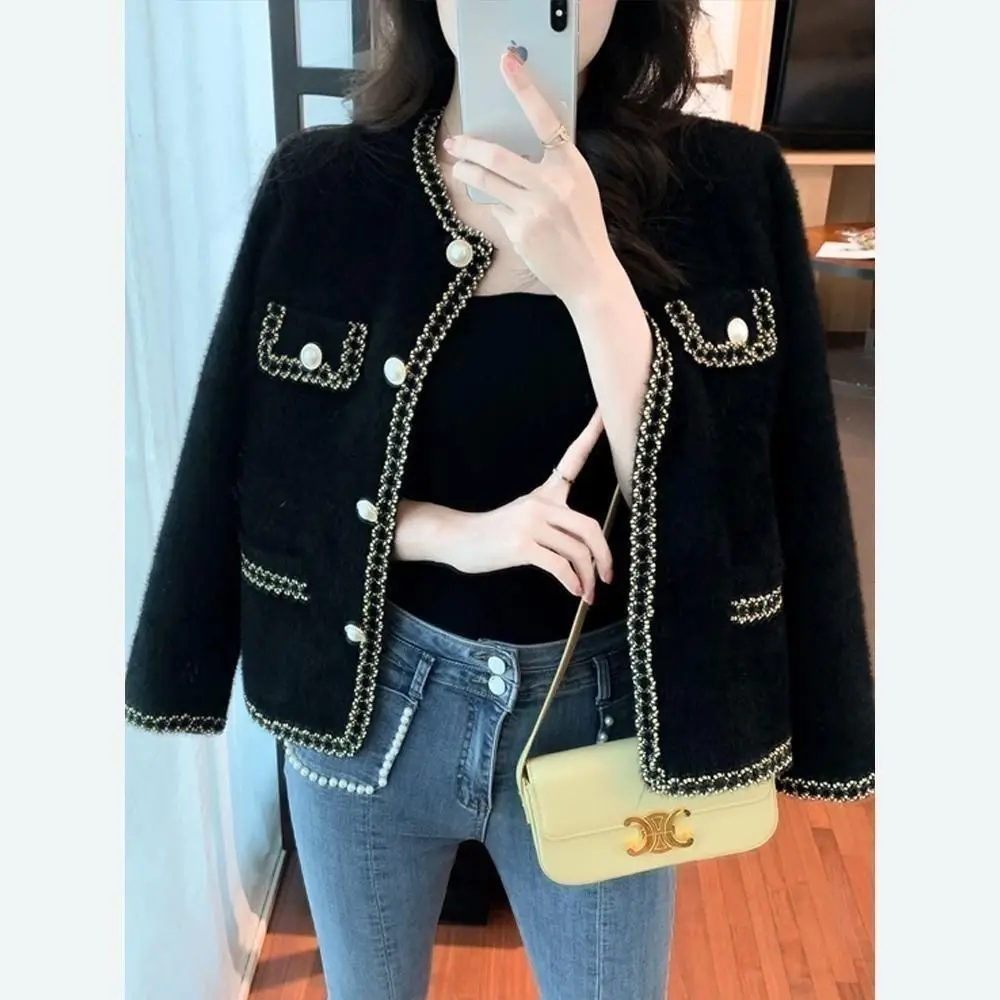 Fragrant Spring Autumn Autumn and Winter Cardigan Short New Mink Jacket Temperament Sweater Versatile Knitted Top