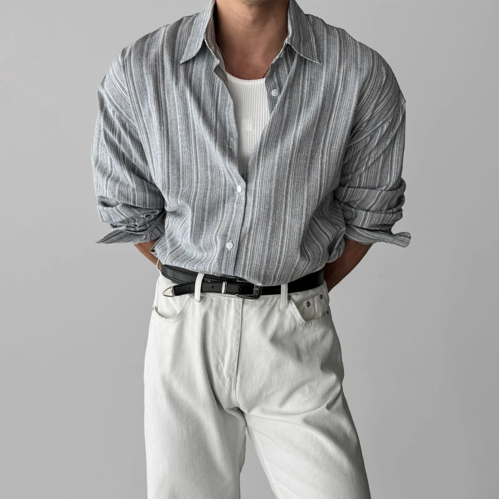Linen Striped Long-sleeved Shirt Men's Spring and Summer Light Mature Style Casual No-iron Blue Light Sun Protection Shirt