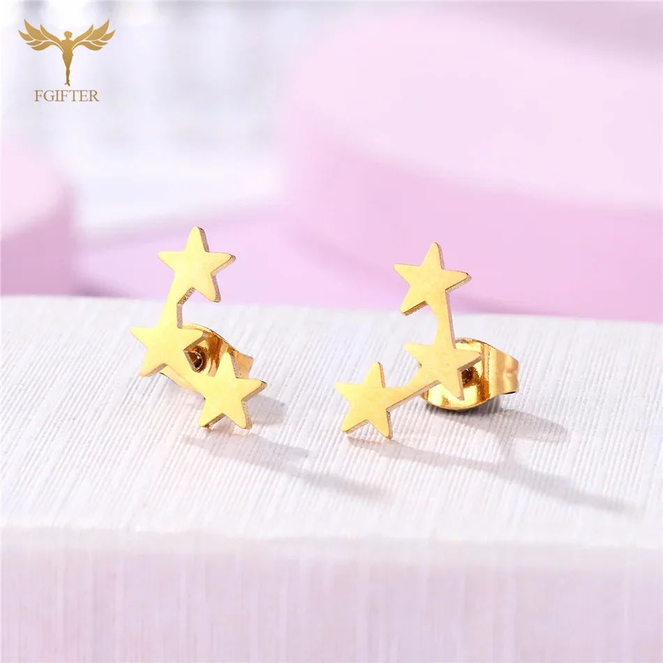 الأقراط الهندسية الكلاسيكية 3 نجوم الأذن ترصيع امرأة الذهبي مجوهرات من صلب لا يصدأ إكسسوارات فتيات بالجملة 12 زوجًا مجموعة حزمة #4