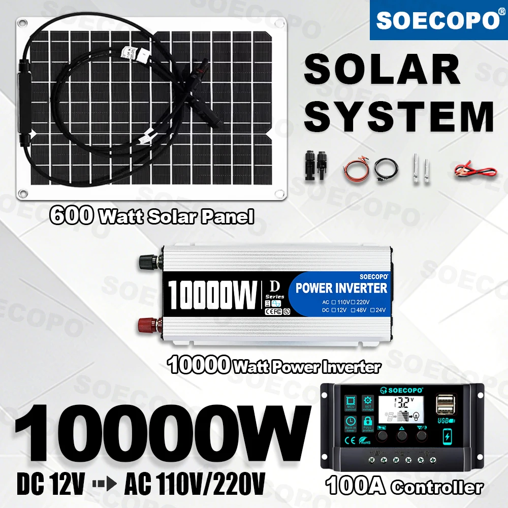 Eco-friendly Solar Panel Kit with MC4 |10000W Inverter 100A Controller | for Road Trip Boat Off-Grid Cabin Flexible