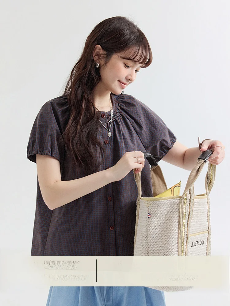 

AMUU Original Sweet Color Block Plaid Bubble Sleeve Cotton Shirt Women's Summer New round Neck Top Korean Style Loose Fit