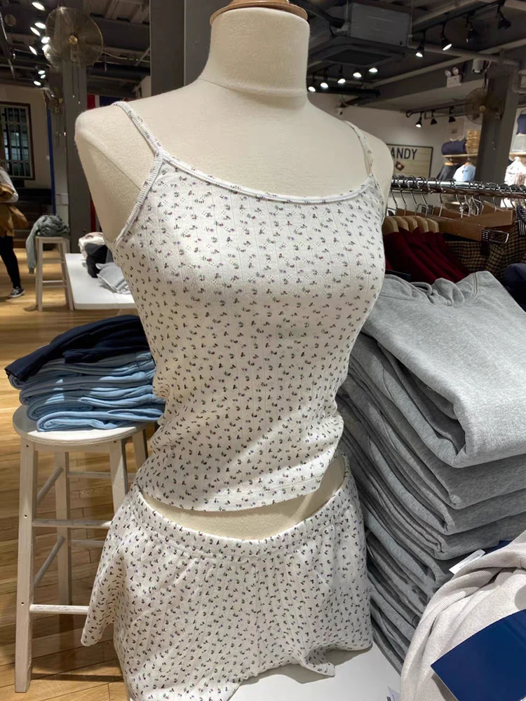 Sweet Floral Print Two Piece Set Women Hollow-out Sleeveless Crop Top And Shorts Summer Outfits Casual Vintage Cotton Short Sets