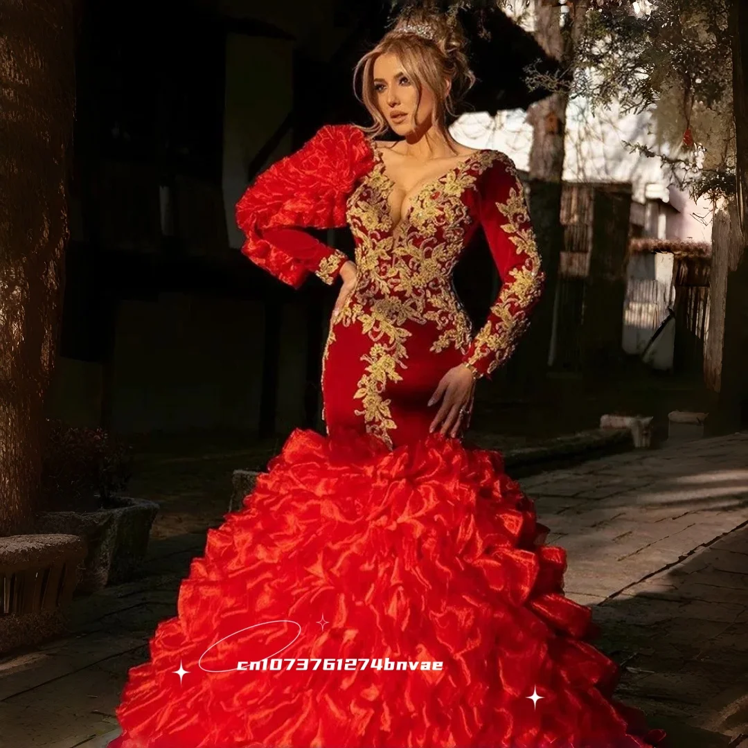 

Modern Red Mermaid Prom Dress Ruffles Floor Length Long Sleeve Formal Gowns Gold Lace Details Customized Evening Dresses