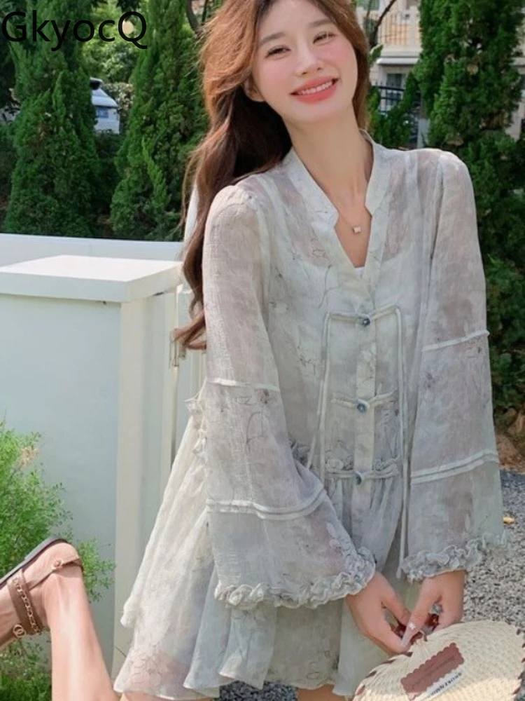 

Chinese Style Women's Summer Set - Elegant Flowy Chiffon Shirt & Shorts Outfit Trendy Boho Two Piece Loose Casual Wear