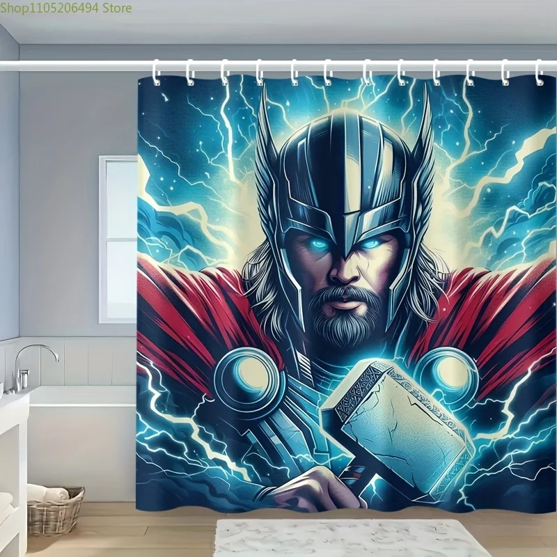 

1pc Thor Shower Curtain - Polyester, Vibrant Thunder God Design with Lightning Effects, All-Season Use, Includes 12 Hooks, Ide