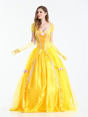 Halloween/Christmas Princess Dress Yellow Dress Performance Costume Comes with Detachable Large Bow and Gloves at the Back