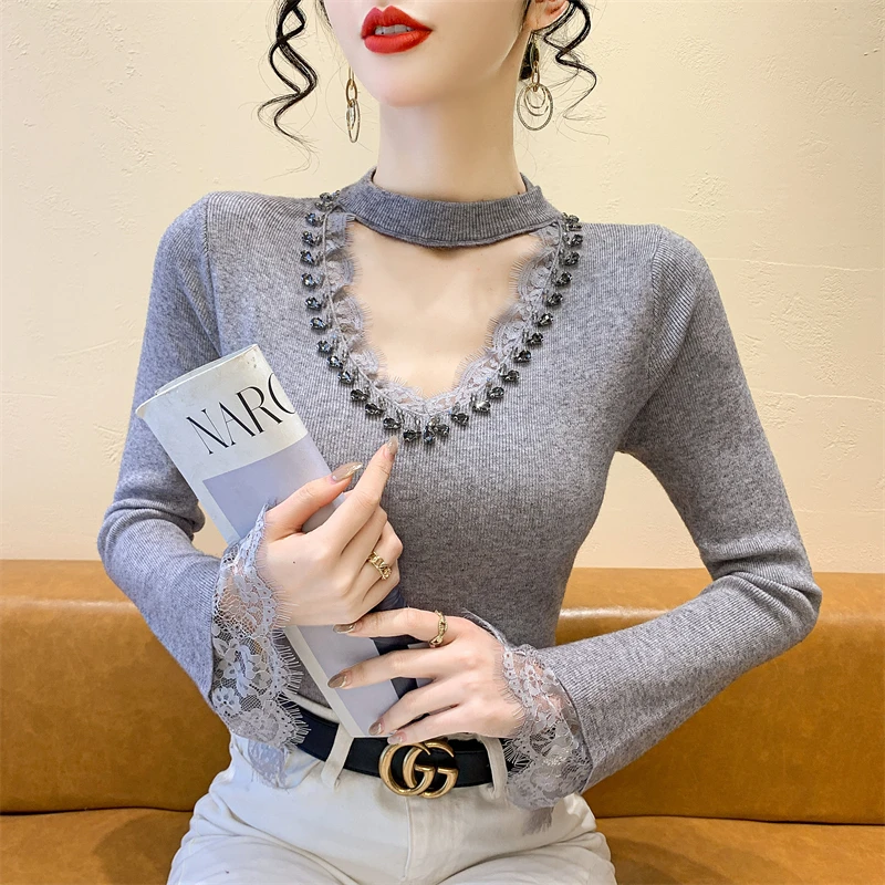 

2025,Fall,Wintter,Clothes,Knitted,Sweater,Sweaters,Women,Sexy,Hollow Out,Shiny,Beads,Tops,Jumper,Long Sleeve,Patchwork,Lace,4116