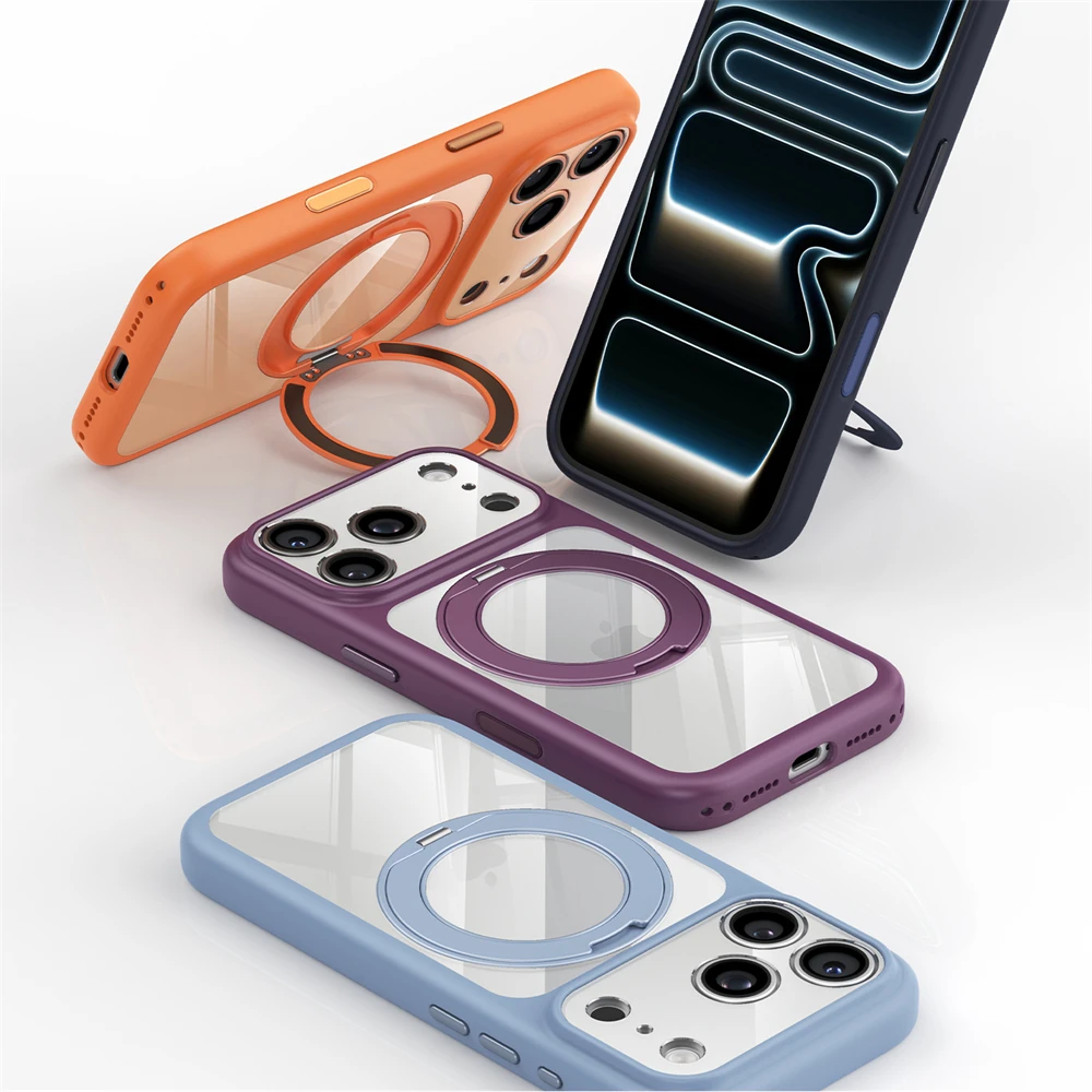 Luxury Transparent Magnetic Rotating Stand Bumper Case For iPhone 18 17 16 Pro Max For Magsafe Camera Button Clear Cover Shell