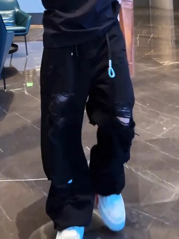 

Men's Jeans Hole Design Straight Leg Loose Straight Casual Long Pants Side Stripe Hole Design American High Street Men's Jeans