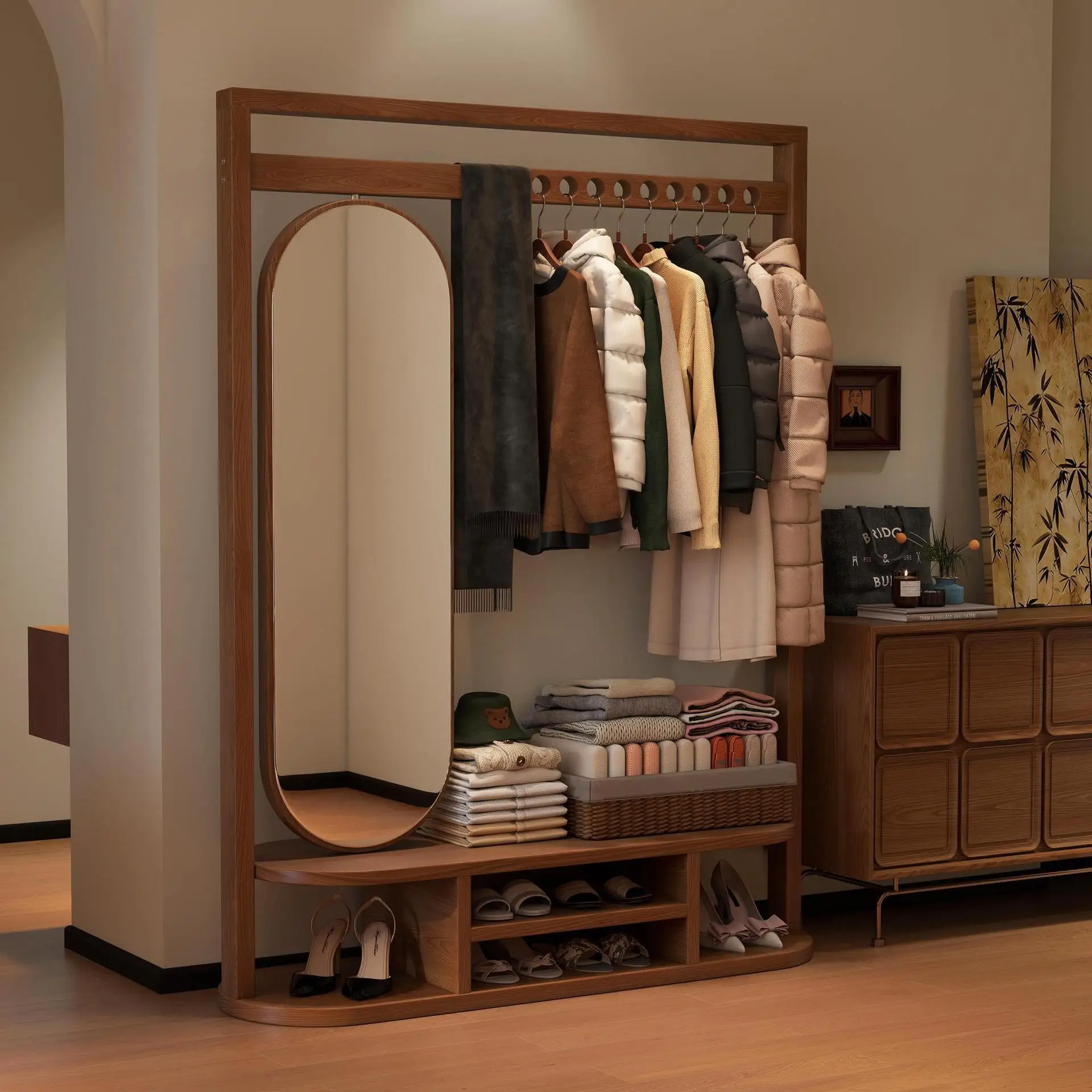 Solid wood floor-to-ceiling hanger full-length mirror integrated coat rack bedroom household drying rack home full-body mirror