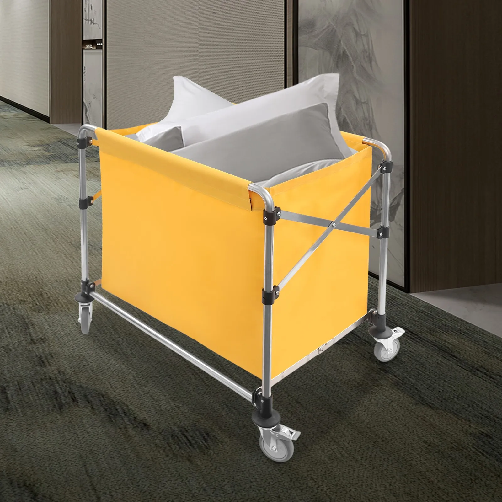 

Stainless Steel Yellow Oxford Dirty Clothes Cart Foldable Storage Car With Rollers Large Capacity Dirty Laundry Basket
