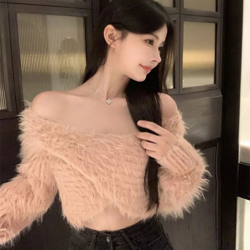 Slash Neck Pullover Women Long-sleeve Fluffy Crop Tops Knitting Velvet Slim Hotsweet Girlish Basic Soft Loose Chic Gentle Cozy