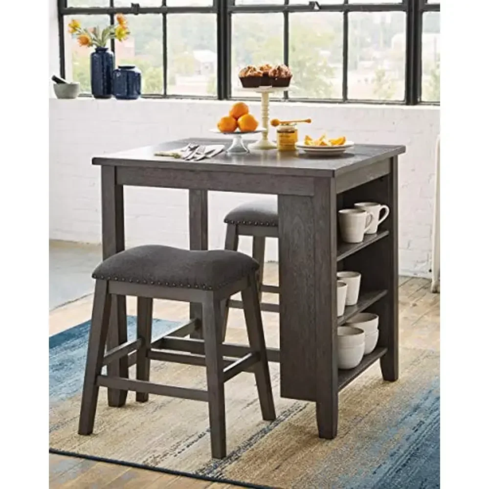 Juego de mesa de comedor gris de 25 pulgadas de alto con 2 taburetes de bar y almacenamiento Diseño de estilo de vida informal Chapa de acacia Solución para espacios pequeños Fácil