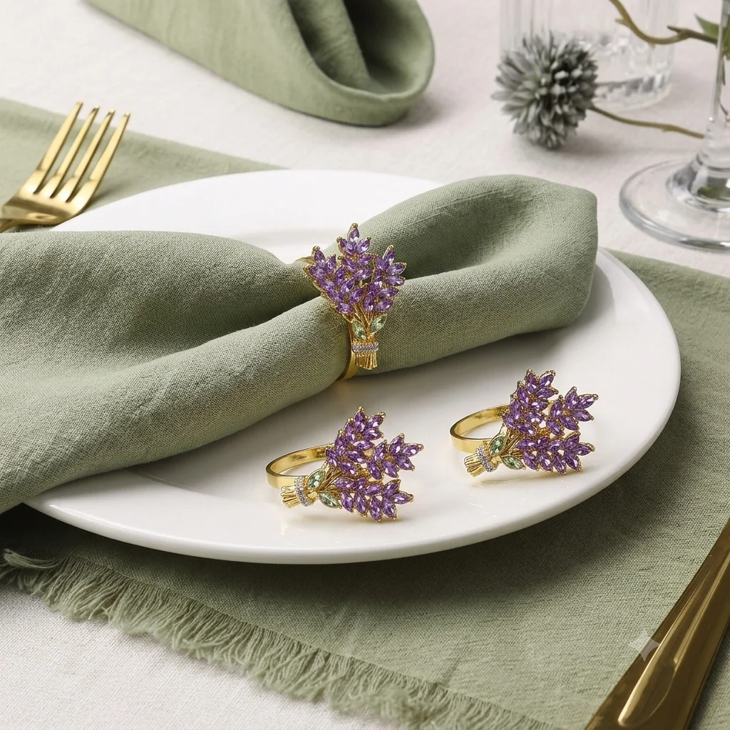Lavender Shaped Napkin Rings, Zinc Alloy Inlaid Purple Crystals Elegant Table Decoration For Dinner Wedding Party Setting