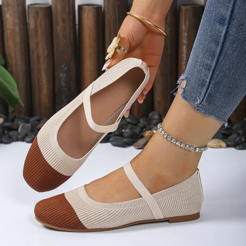 Colorblock Knit Mary Jane Flats Women Elastic Strap Square Toe Breathable Comfortable Casual Ballet Shoes Sandalias Mujer