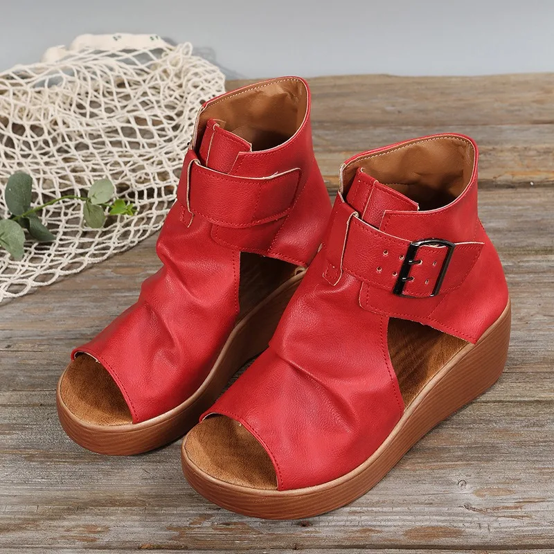 2023 New Fashion Ladies Sandals Wedges Pu Open Toe Summer Fashion Female Gladiator Solid Color Sandals Platform Shoes for Women