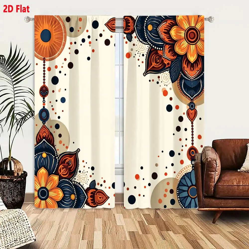 2Pcs Curtains Add 2D Flat Ornate Border Decorative Graphic Design With Floral Geometric Motifs In Burnt Orange And Navy Blue On