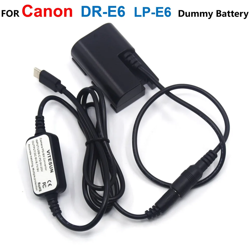 

DR-E6 DC Coupler LP-E6 Dummy Battery+LC-E6E USB-C PD Power Bank Cable ACK-E6 For Canon EOS 5D Mark II III 5D2 5D3 6D 7D 60D