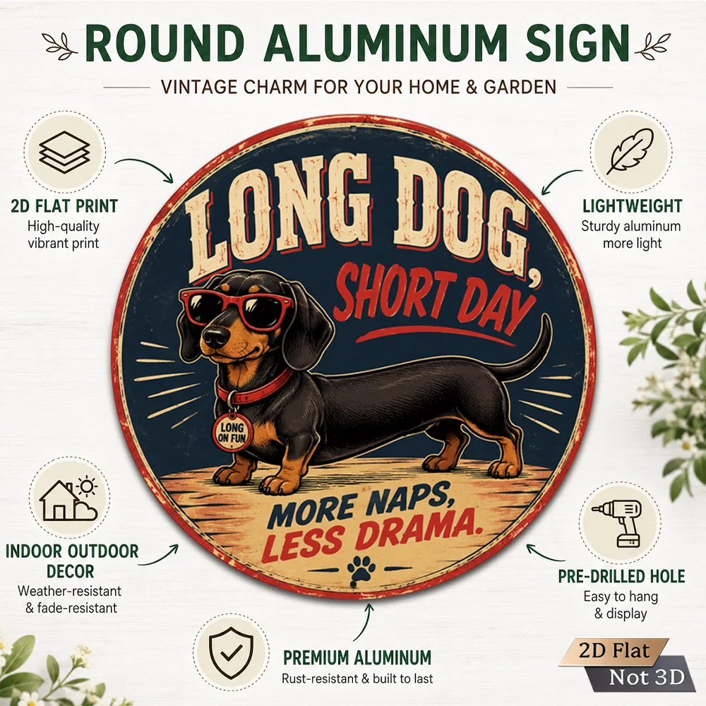 2D Flat - 1pc 2D Flat 8X8 Inch (20X20Cm) Round Metal Aluminum Sign Vintage Wall Decor Pet Lover Fun Cute Dachshund with Sunglass