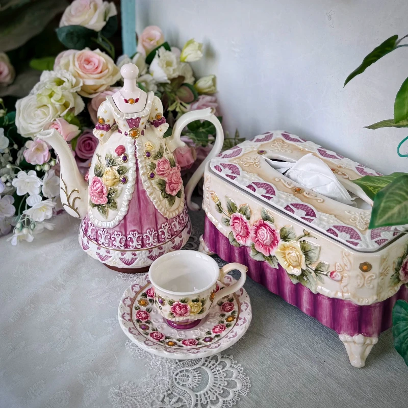 Underglaze Rose Ceramic Teapot Coffee Pot Elegant Floral Napkin Holder Home Decor Ornament for Living Room Romantic Gift for Her