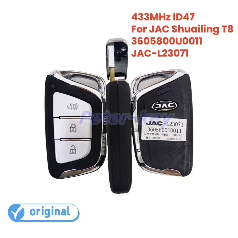 Original Smart Key Genuine 433MHz ID47 3 Button For JAC Shuailing T8 Pickup Special Smart Key Accessories 3605800U0011 L23071