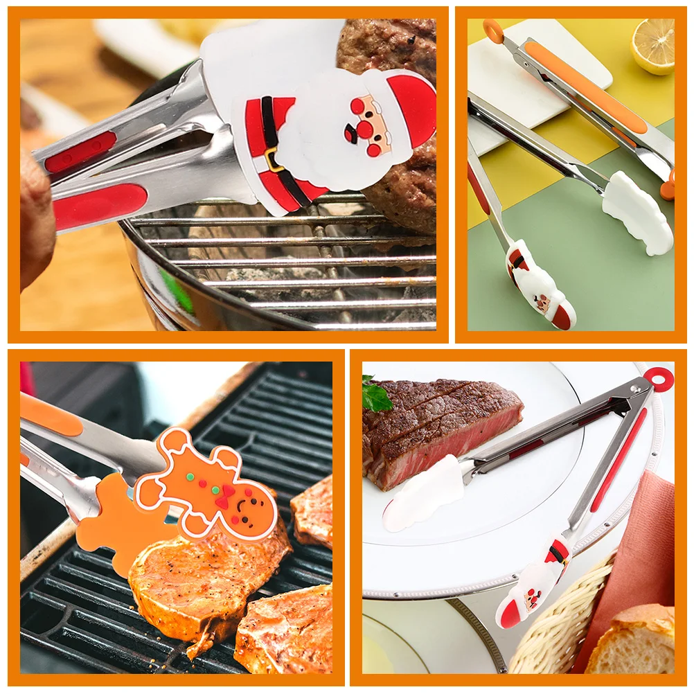 

3Pcs Food Clip Stainless Steel Christmas Cartoon Silicone Tongs BBQ Grilling Cooking Heat Resistant Anti Slip Portable Kitchen