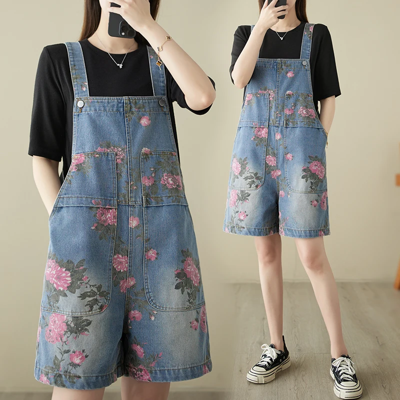 

Aricaca Summer Flower Printed Vintage Jumpsuit Women Cotton Wide Legs Denim Rompers