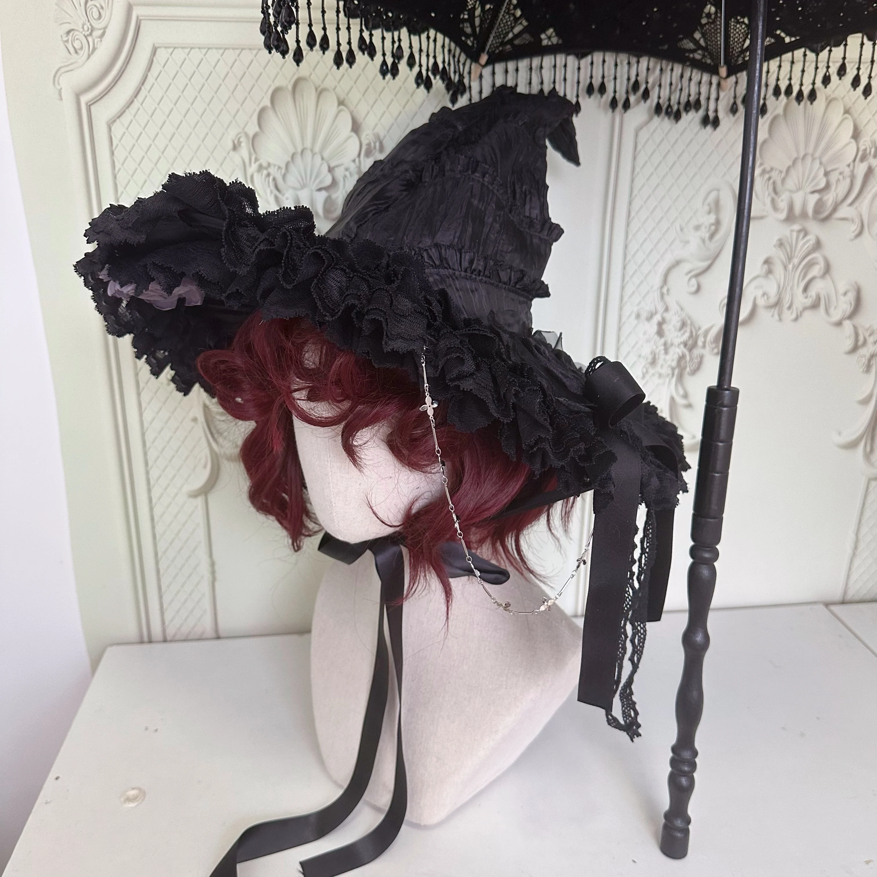 Lolita Element Little Witch Hat Witch Hat Dark Wind Lolita style black and red flower handmade hat