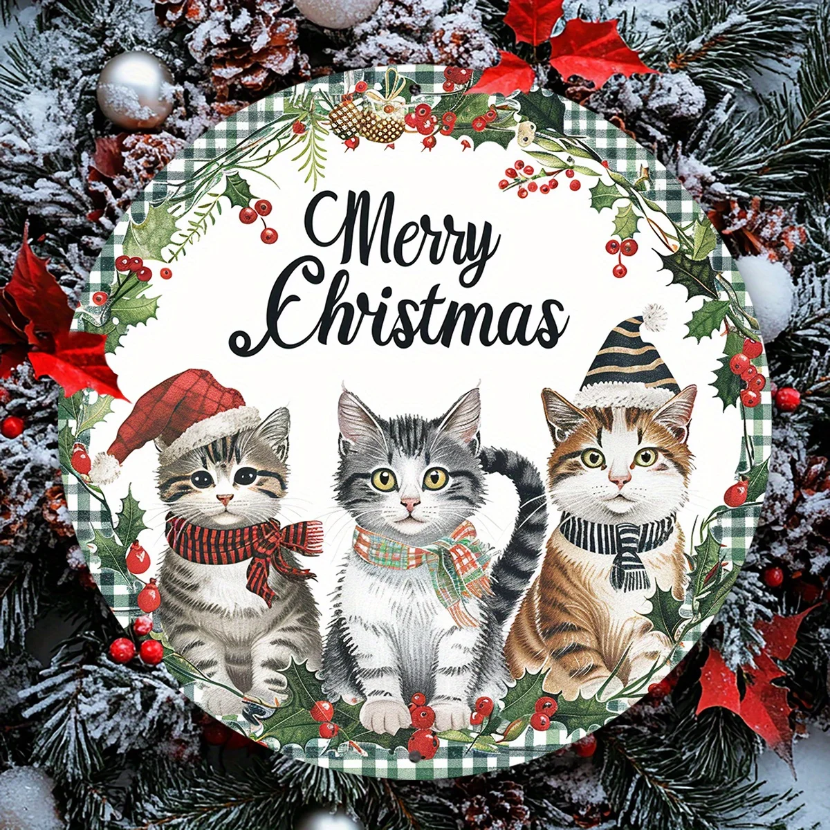 2D Flat, 1pc, 2D Aluminum Circular Metal Sign, Merry Christmas Kitten Theme Decoration, Rustic Home Decor, Weather- Wreath for K