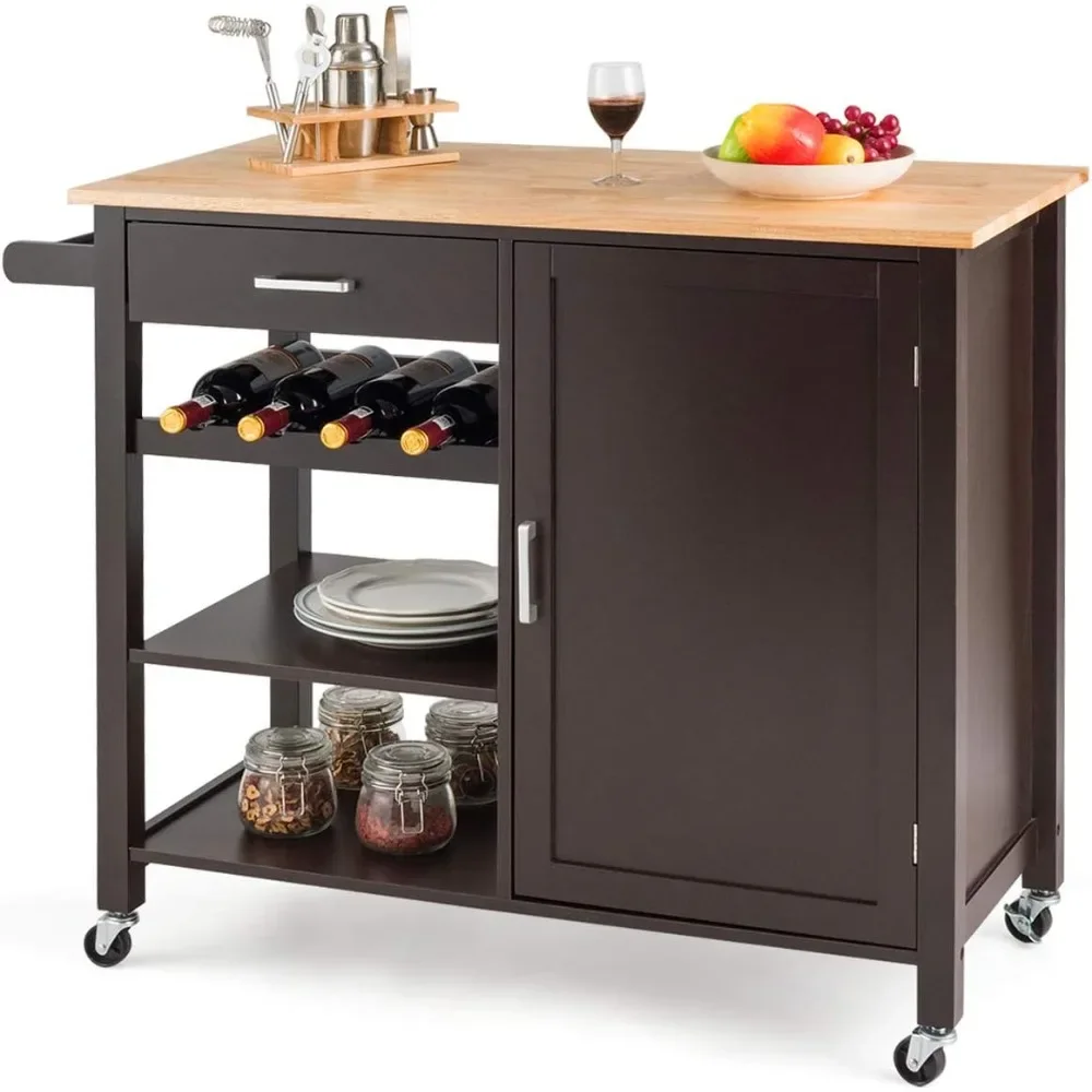 

Kitchen Island Cart Rolling Serving Cart Wood Trolley with Drawer, Storage Cabinet, 4 Wine Bottle Rack, Towel Rack and Lockable