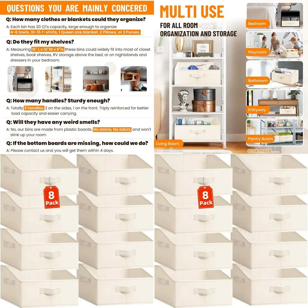 

8-Piece Large Fabric Storage Bins with Handles for Closet Organizers, Ideal for Clothes, Toys, Blankets, Towels, Purses, and Hat