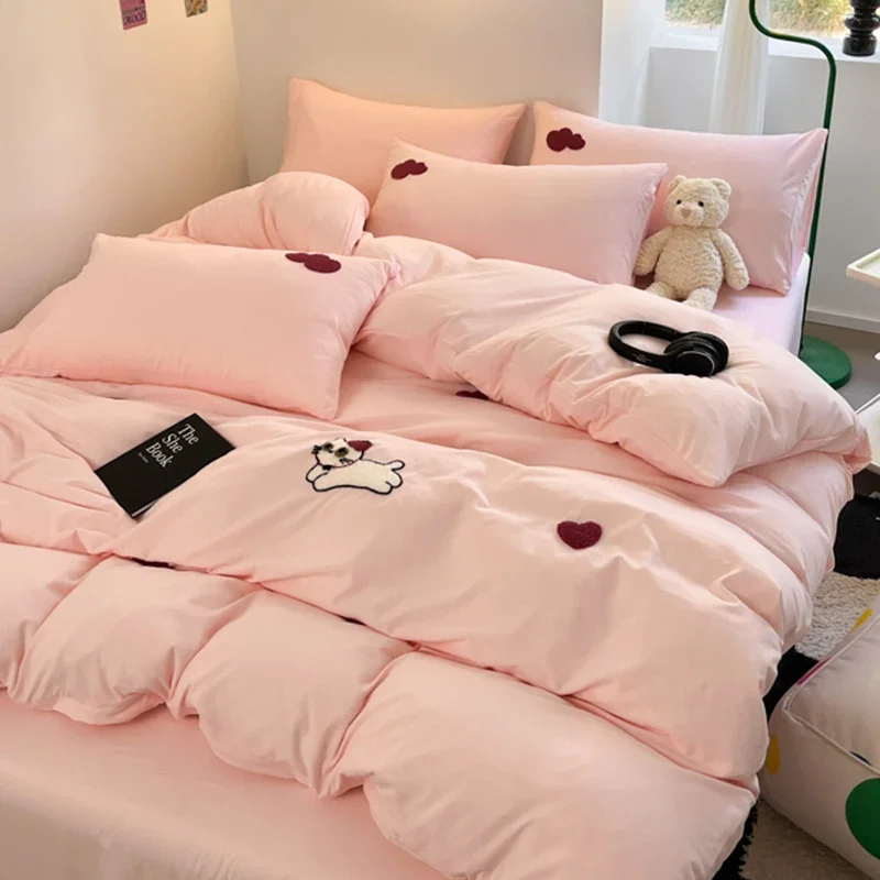 INS Girls Cherry Bedding Set Soft Washed Cotton Bed Sheet  Quilt Cover Pillowcase Bed Linens 100% Polyester Handmade Embroidery