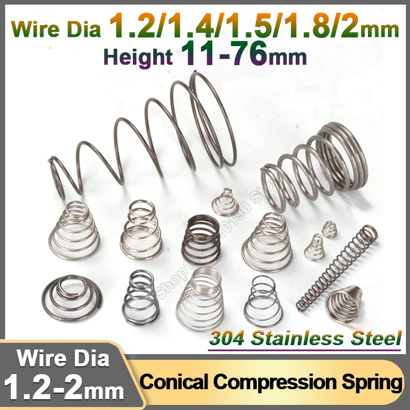304コニカルステンレスコーン圧縮スプリング、ワイヤー直径1.2、1.4、1.5、1.8、2mm、テーパータワー圧力スプリング、長さ11-76mm