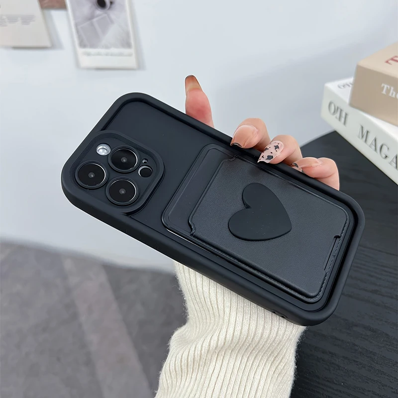3d amor coração cartão saco slot titular bolso caso para iphone 16 15 14 13 12 11 17 pro max xs x 7 8 plus capa de silicone à prova de choque