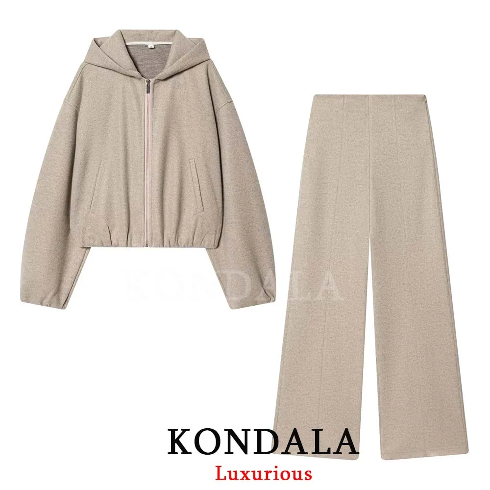 KONDALA Vintage Casual Chic sólido traje de mujer con capucha cremallera manga larga Tops cremallera pantalones sueltos moda 2026 primavera conjuntos femeninos